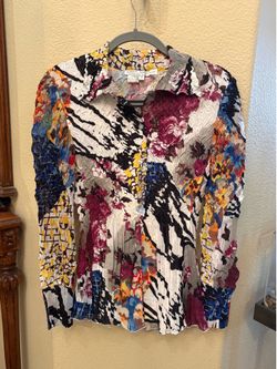 Alberto Malaki Multicolor Abstract Floral Artsy Crinkle Button Top Size Medium