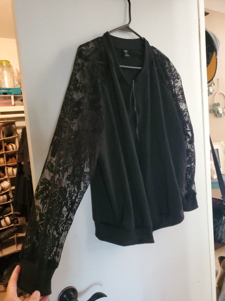 Black With Lace Sleeves Bomber Jacket