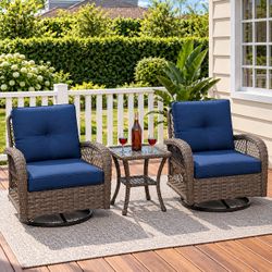 Outdoor Rattan Swivel Patio Rocking Chair with Side Table, Blue (3-Piece)