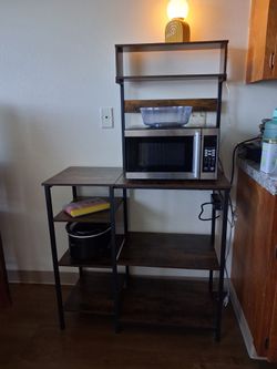 Bakers Rack with Power Outlet, Kitchen Microwave Stand Coffee Bar Station, Kitchen Storage 