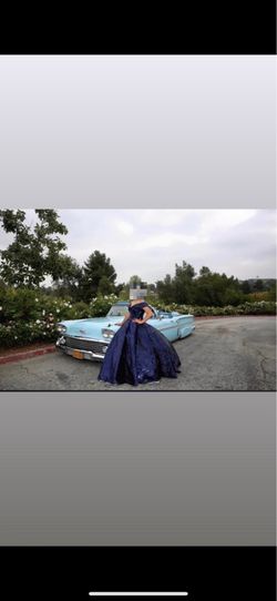 sequence navy blue Quinceañera dress