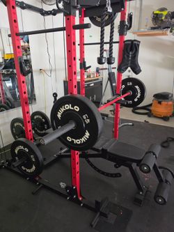 Weight rack with weights and bench