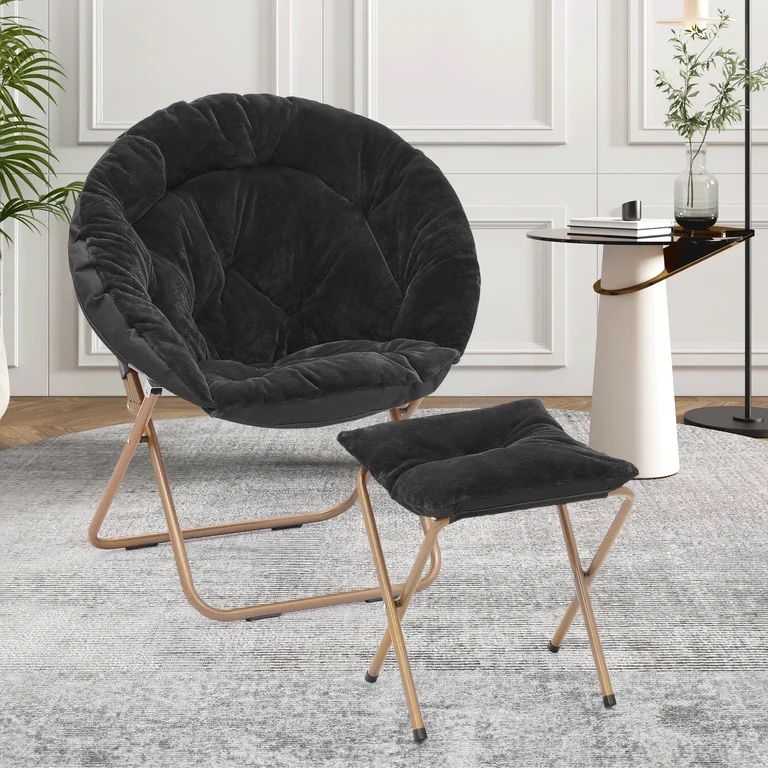 Saucer Chair with Ottoman, Oversized Folding Chair and Footrest Set with Metal Frame, Foldable Lounge Chair and Foot Stool Set, Black