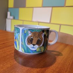 Vintage San Diego Zoo Tropical Rain Forest Soup Chowder Mug Tiger Cockatoo 1988