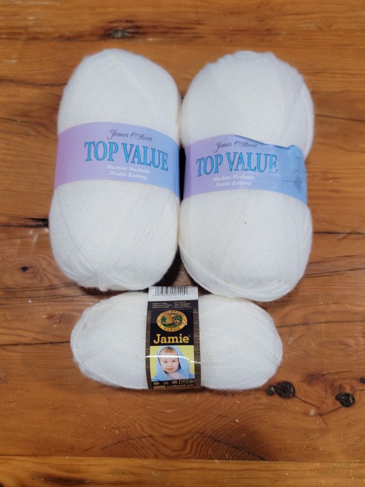 3 Skeins of White Yarn ~ James C Brett Top Value Double Knit Yarn & Lion Brand
