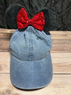 Mouse Ears Blue Denim  Baseball Hat Minnie Red Bow One Size Adjustable