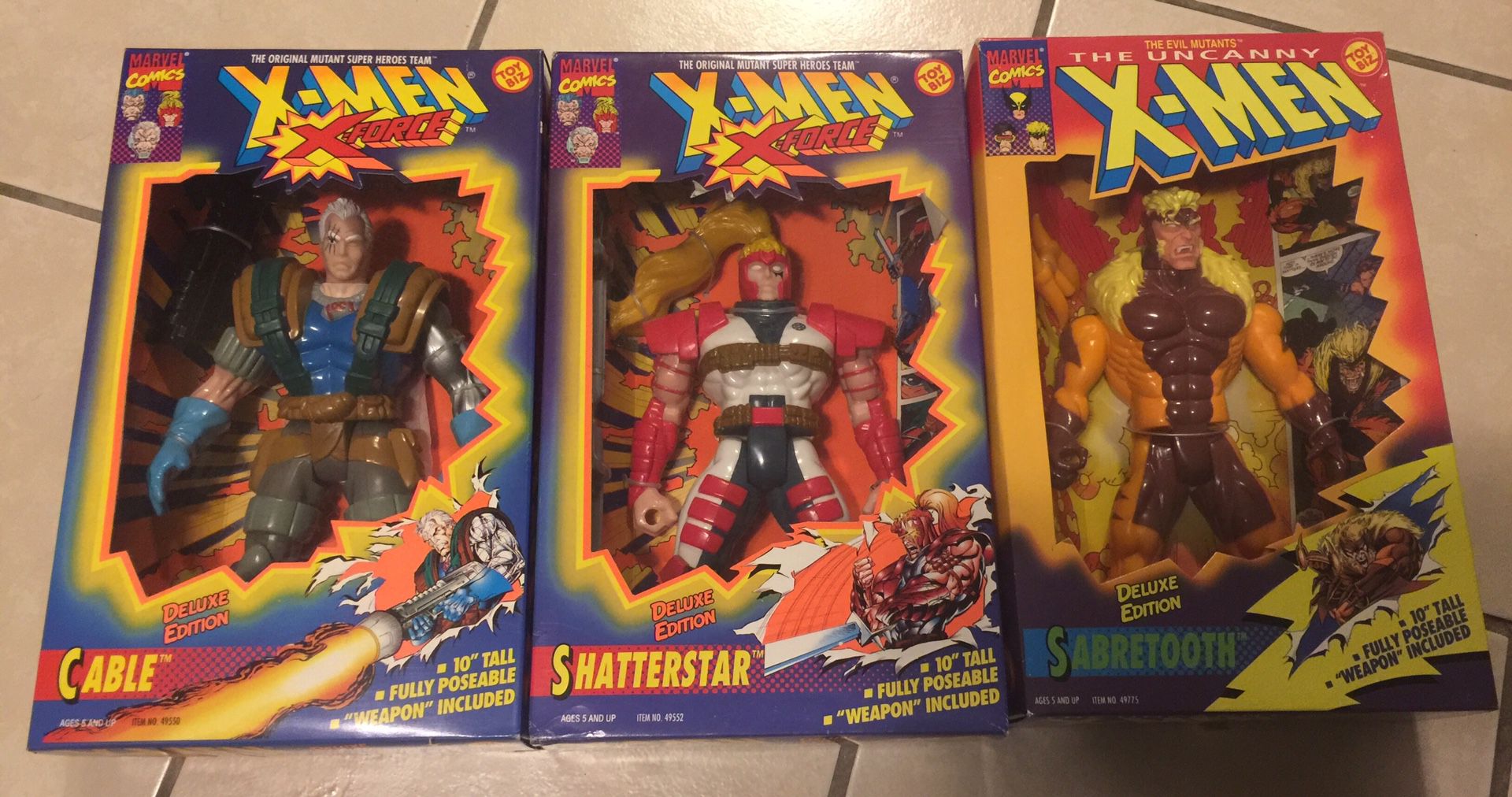 Vintage 1993 Toy Biz Deluxe 10 inch Toy Action Figure Marvel Comics X-Men Cable Shatterstar Sabretooth MIB Comic Book