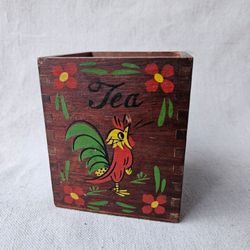 Vintage Hand-Painted Wooden Tea Box with Rooster & Floral Design