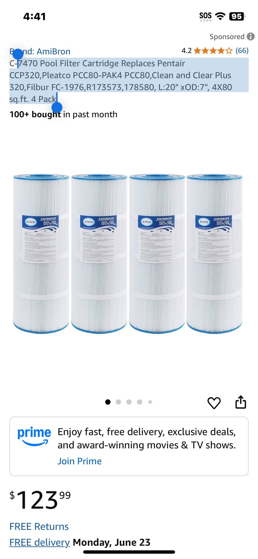7470 Pool Filter Cartridge Replaces Pentair CCP320,Pleatco PCC80-PAK4 PCC80,Clean and Clear Plus 320,Filbur FC-1976,R173573,178580, L:20" xOD:7", 4X80