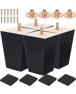 4 Pcs 4 inch Wood Furniture Legs - Square Sofa Legs, Couch Leg -Black Mid-Century Modern Replacement