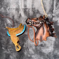 Vintage Western Christmas Ornaments Lot Of 2 Resin Horse Head And Saddle Decor