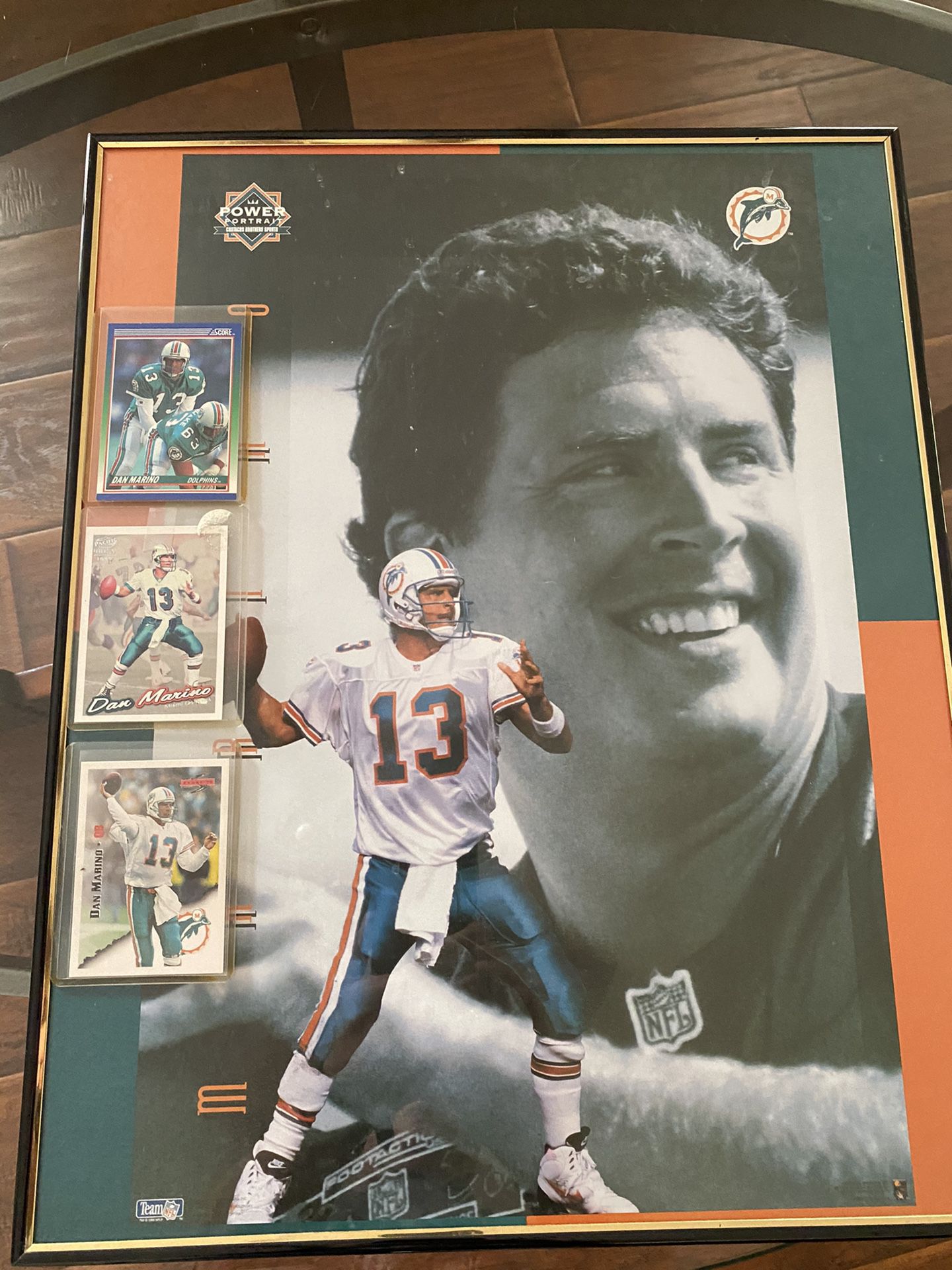 Large Marino picture in frame with 3 sports cards