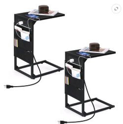 C-Shaped Coffee Table Side Table with Charging Station 2 Piece Sofa Table Set Black