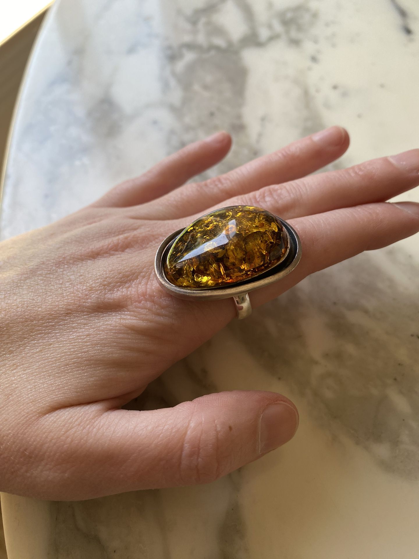 Beautiful Sterling Silver + Baltic Amber Vintage Modernist Ring