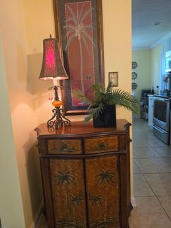 Tropical Palm Tree Cabinet with Woven Panels plus art work & Lamp