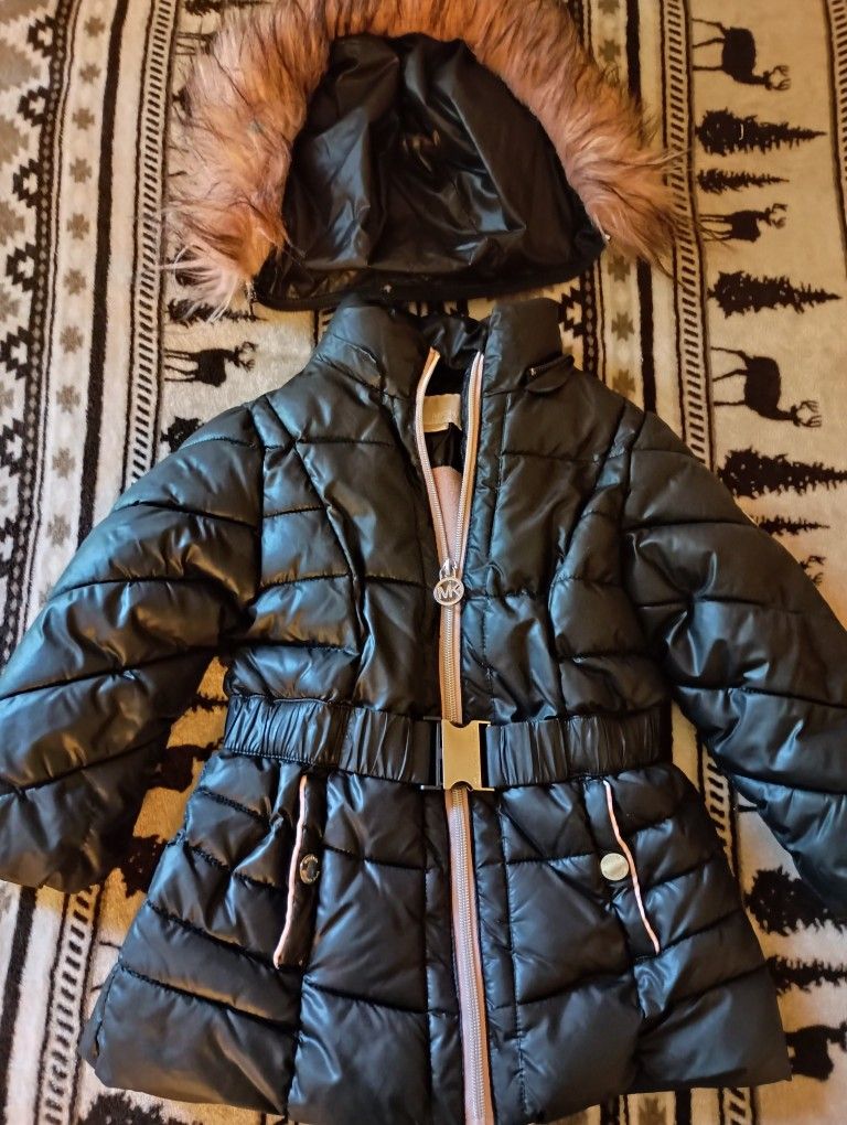 Girls Navy Blue Michael Kors Puffer Jacket With Faux Fur Hoodie.