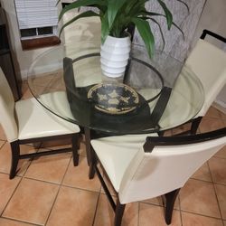 Glass Top Dining Table with 4 White Chairs
