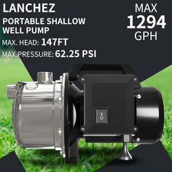 Lanchez 1 HP Portable Shallow Well Pump Garden Pump, 1294 GPH Stainless Steel Sprinkler Pump, 115V Water Transfer Draining Irrigation Pump for Lawn