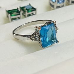 Spectacular Blue Topaz/Sterling CZ Ring(sz7)
