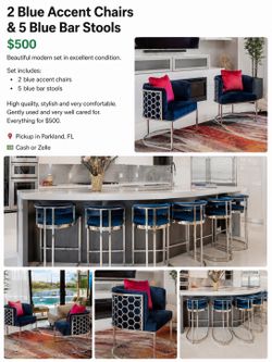 2 Blue Accent Chairs & 5 Blue Bar Stools