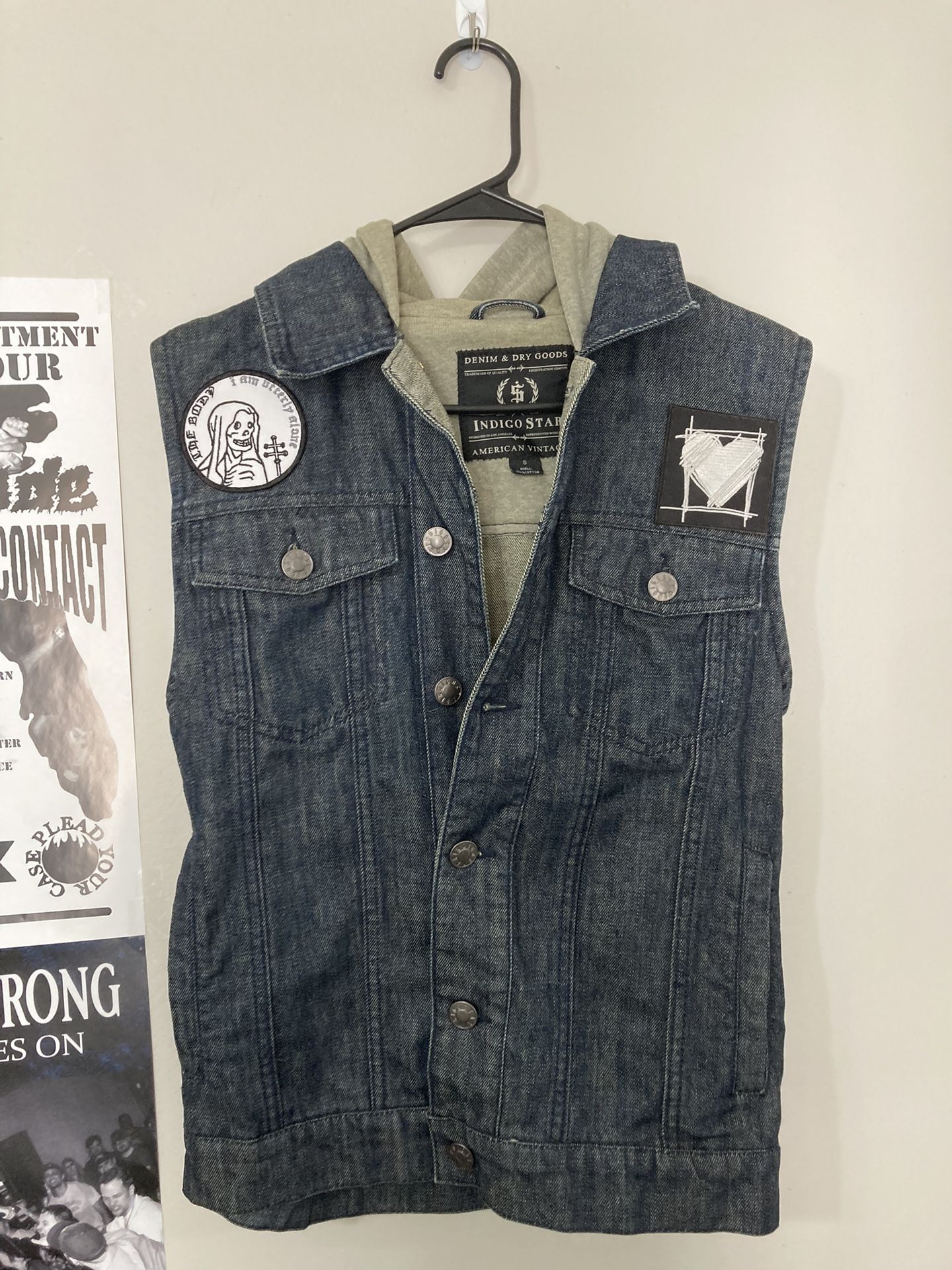 Denim Battle Vest With Hood And Patches