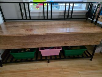🪑✨ Wood & Metal Lift-Top Storage Bench with Backrest