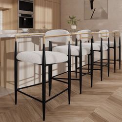 WHITE Lamb's Wool-Like Boucle Fabric Bar Stools Set of 4 with Mid-Century Modern Upholstered Seats for Cafe, Kitchen Island