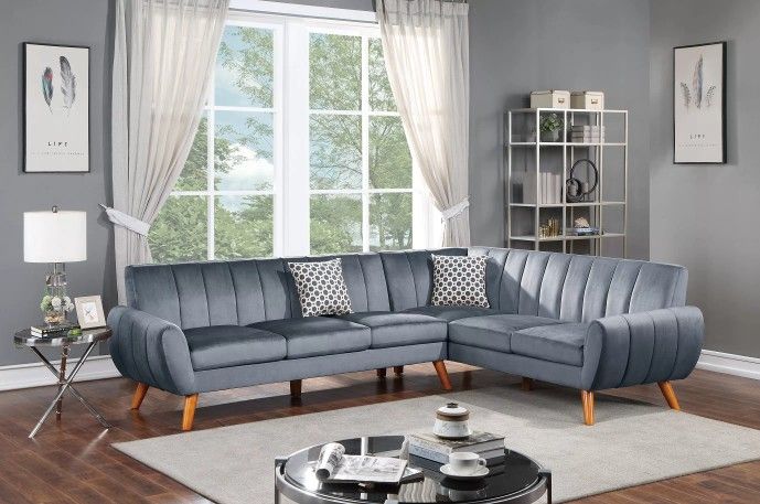 Brand New Grey Velvet Retro Style Sectional Sofa 