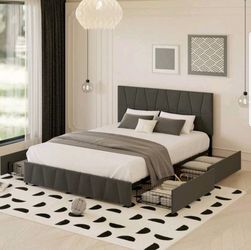 Queen Size  Bed Frame With 4 Storage Drawers