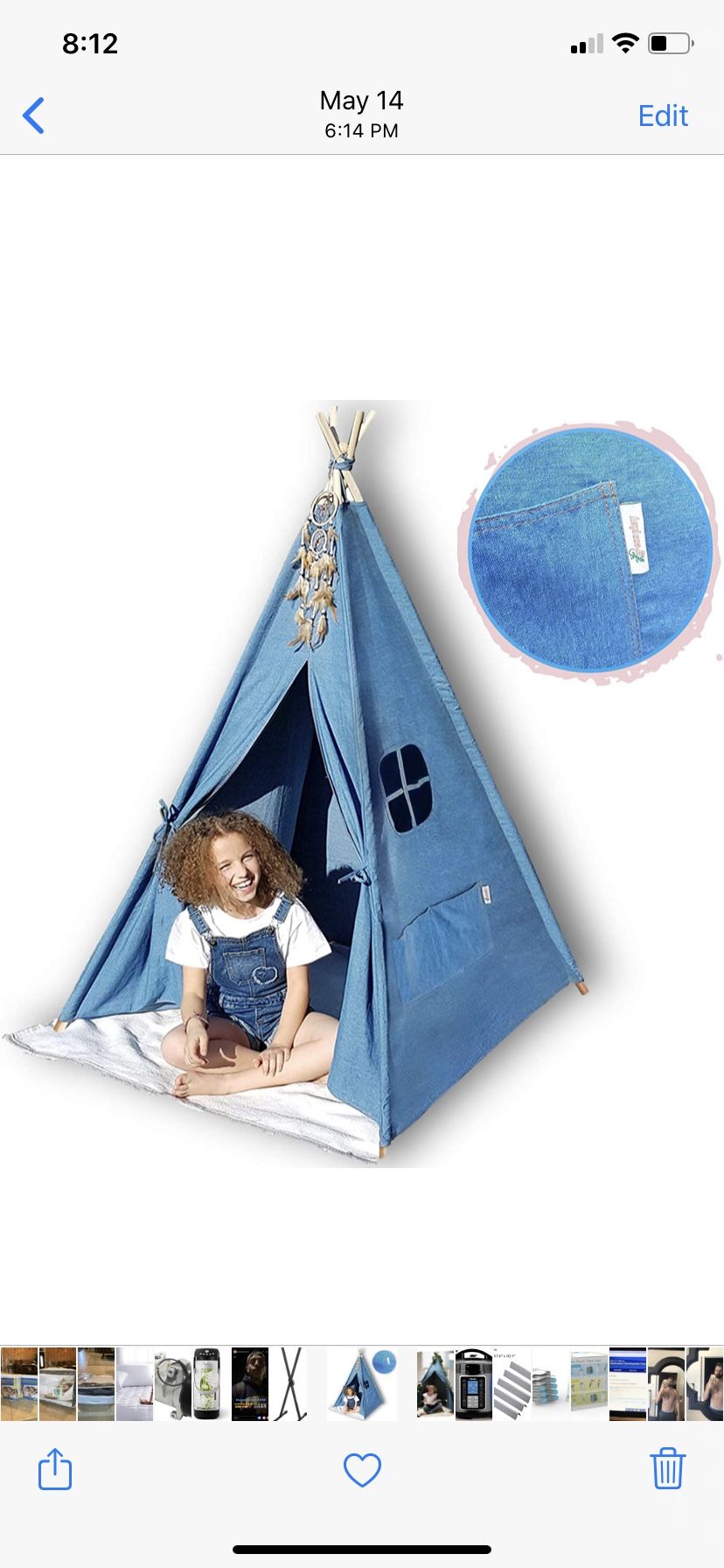 G-Eco Play Teepee Tent for Kids, Blue Denim, Children Toy Playhouse with Canvas Carry Bag, Gift for Girls and Boys Indoor and Outdoor, 4 Pole Foldabl