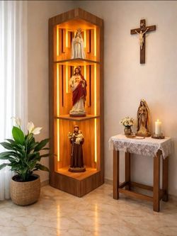 Lighted Wood Corner Religious Display Cabinet