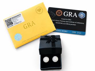 GRA Moissanite Stud Earrings Round White Stones Silver Tone Metal, 2 Gem