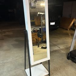 White Mirror Stand with Jewelry Organizer, Key/Lock Included | Modern Bedroom Dorm Furniture | Jewelry Storage