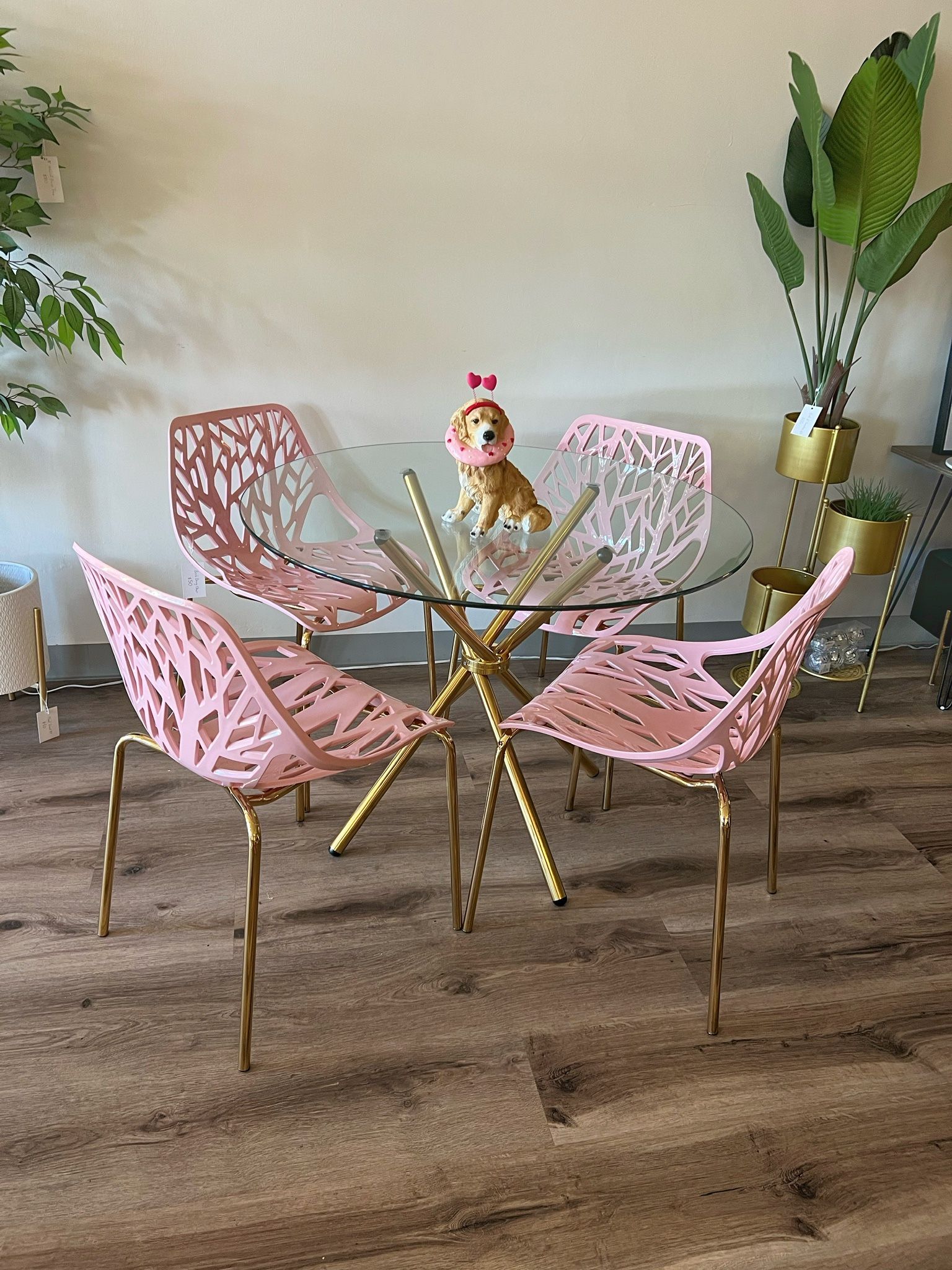 Pink Gold Round Dining Table Set For 4 People
