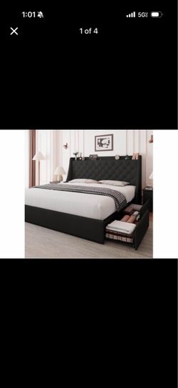 Black Upholstered Bed Frame w/ storageDrawers PLUS 2 FREE NIGHTSTANDS