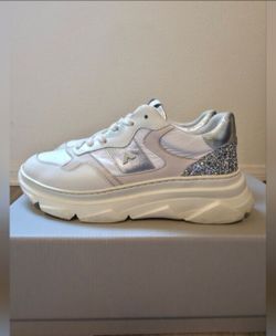 Stylish Genuine Leather White & Silver Modern Sneakers