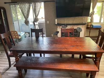 Pottery Barn Solid Wood Dining Table Set with Bench & 4 Chairs