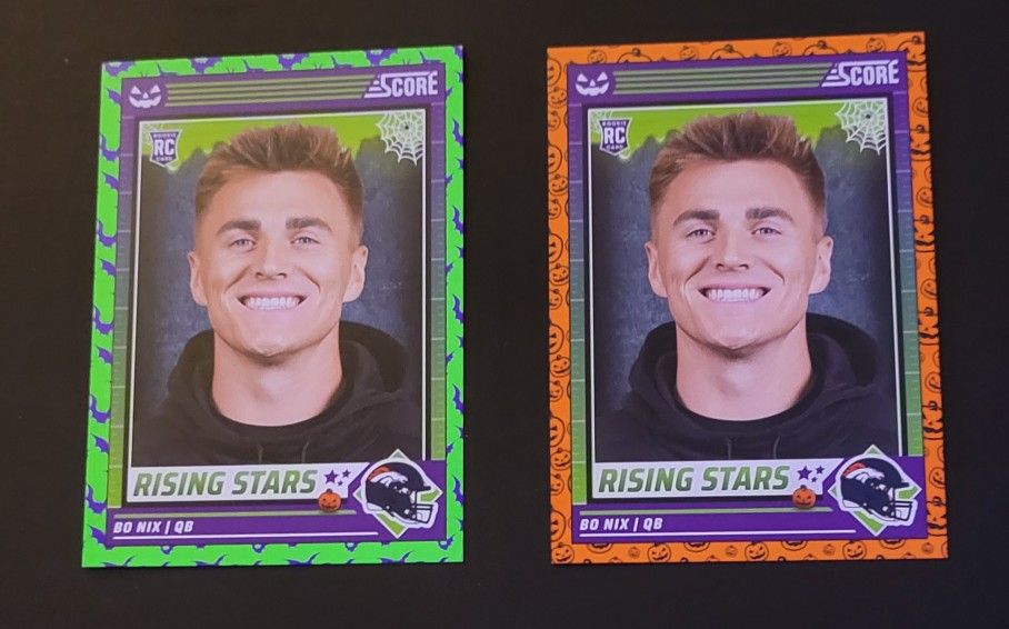 Bo Nix Rookie Panini Score-A-Treat 2024 2 Football Trading Card Bundle #4 (One Green One Orange)