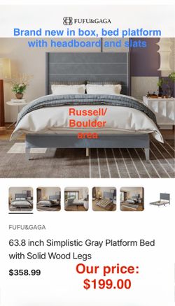 Brand new in box Fufu&Gaga 63.8 inch Simplistic Gray Platform Bed with Solid Wood Legs. Russell/Boulder area