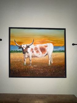 Longhorn Cattle Oil Painting Framed Wall Art