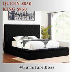 King Size Bed - Storage Bench - Tufted Velvet Fabric