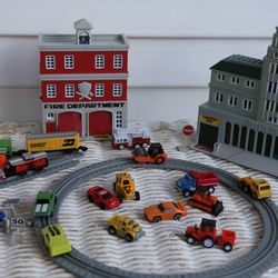 Vintage & New Micromachines Set #3- "Santa Fe/ Burlington Northern" Train, Fire Station/ Police Headquarters (No working Lights), Driven Pocket Cars
