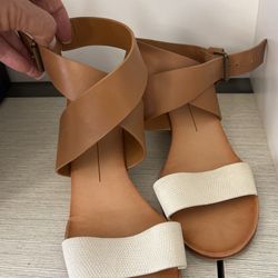 Dolce Vita Designer White Woman Ankle Strap Sandal Leather Wedge Low Caramel Neutral
