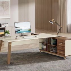 JW0868AB 71-Inch Executive Desk, L-Shaped Desk with 55-Inch Cabinet, Large Office Desk with Storage Shelves, Modern Computer Desk for Home Office, Wal