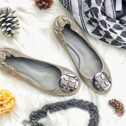 Tory Burch Metallic Grey Pewter Ballet Flats