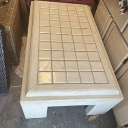 Beautiful Stone Coffee Table With Tile Top And Unique Twisted Stone Lamp