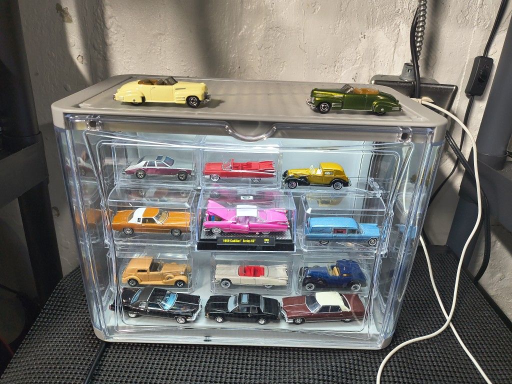 Toy Cadillac Cars Set With Display Case Inside A Lighted Display Case