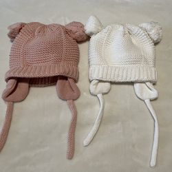 Brand New Set Of Fleece/Knit Warm Hats Pink And White Size 6-12 Months
