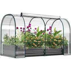 Greenhouse Cover with Raised Garden Bed, 72.8"*37.4"*45" Outdoor Metal Planter Box Kit with Roll-Up Large Screen Windows Mini Greenhouse for Growing V