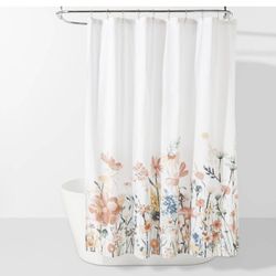 Threshold shower curtain with watercolor florals  100% slub cotton Chloride-free, machine-washable design Buttonhole top 72in x 72in shower curtain fi